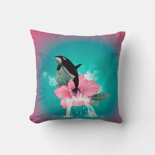 Orca jumping out of a flower throw pillow (Front)
