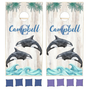 Orca Killer Whale Beach House Family Monogram Name Cornhole Set