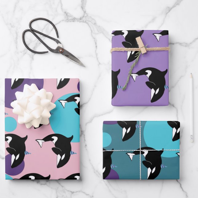 Orca Killer Whale Birthday Wrapping Paper Sheets (Front)