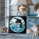 Orca Killer Whale Blue Ocean Ceramic Tile<br><div class="desc">An orca jumping out of the ocean with water all around. Mountains and blue sky all around the killer whale all drawn in an art nouveau tattoo style.</div>
