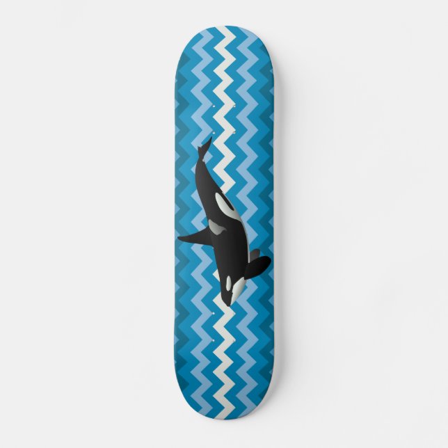 Orca Killer Whale Blue Zigzag Chevron Skateboard Deck (Front)