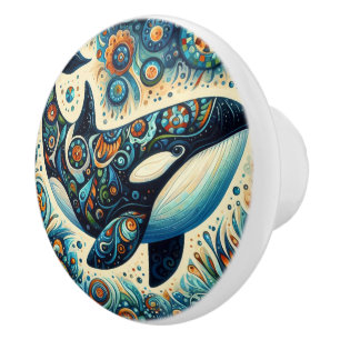 Orca Killer Whale Floral Whimsical Nautical Beach Ceramic Knob
