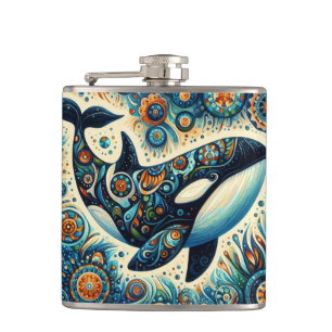 Orca Killer Whale Floral Whimsical Nautical Beach Flask