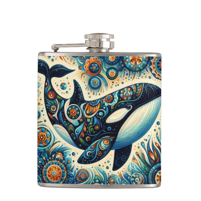 Orca Killer Whale Floral Whimsical Nautical Beach Flask (Front)