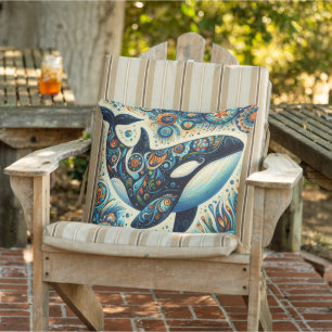 Orca Killer Whale Floral Whimsical Nautical Beach Outdoor Pillow