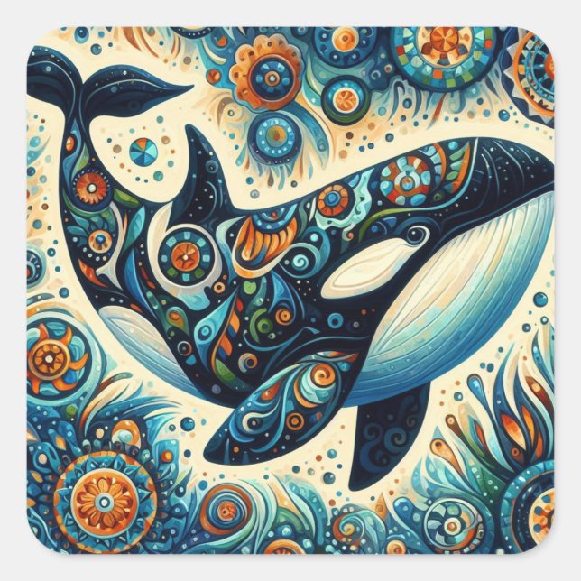 Orca Killer Whale Floral Whimsical Nautical Beach Square Sticker (Front)