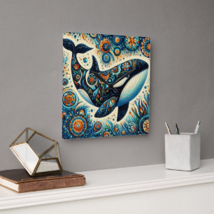 Orca Killer Whale Floral Whimsical Nautical Beach Square Wall Clock