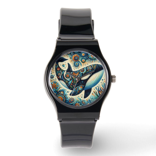 Orca Killer Whale Floral Whimsical Nautical Beach Watch (Front)