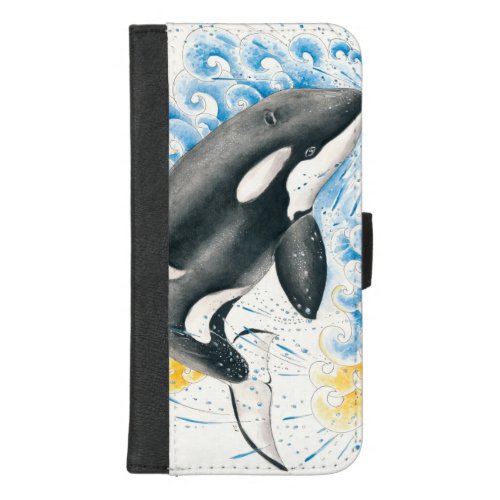 Orca Killer Whale Jumping into Waves Watercolor iPhone 87 Plus Wallet Case