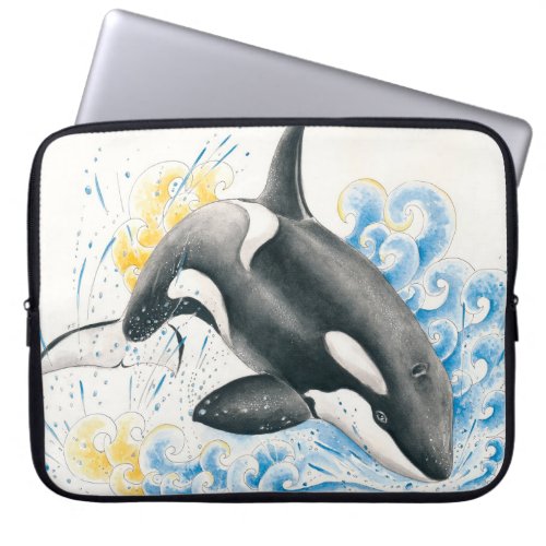 Orca Killer Whale Jumping into Waves Watercolor Laptop Sleeve