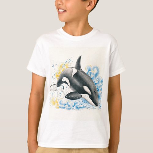 Orca Killer Whale Jumping into Waves Watercolor T_Shirt