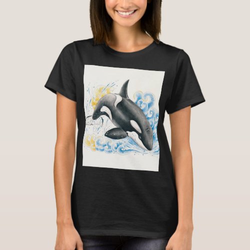 Orca Killer Whale Jumping into Waves Watercolor T_Shirt