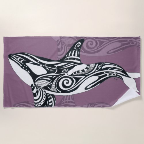 Orca Killer Whale mauve Purple Tlingit Tribal Ink Beach Towel