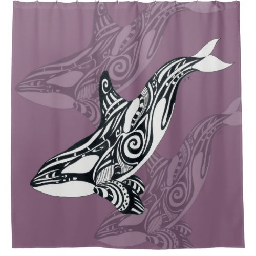 Orca Killer Whale mauve Purple Tlingit Tribal Ink Shower Curtain