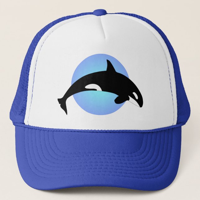 Orca Killer Whale Silhouette Blue Circle Trucker Hat (Front)