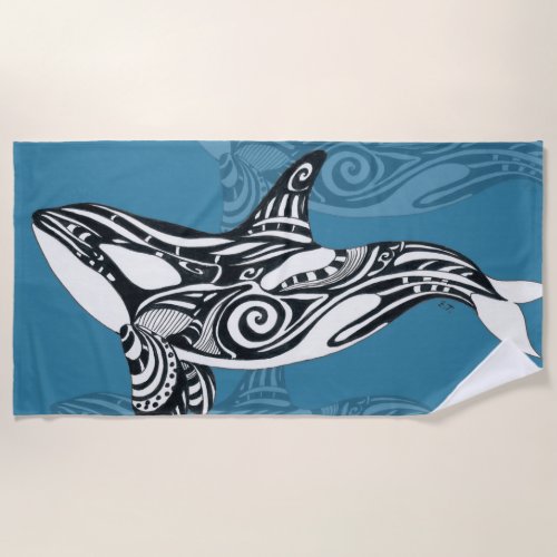 Orca Killer Whale Tlingit Indigo Blue ink Beach Towel