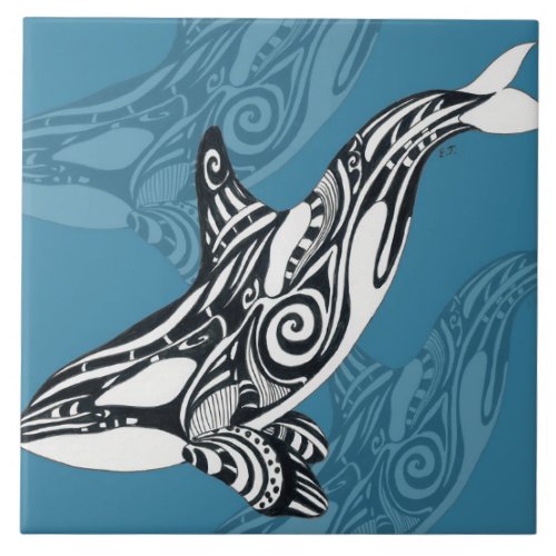 Orca Killer Whale Tlingit Indigo Blue ink Ceramic Tile