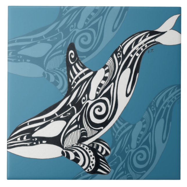 Orca Killer Whale Tlingit Indigo Blue ink Ceramic Tile (Front)