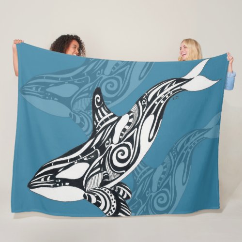 Orca Killer Whale Tlingit Indigo Blue ink Fleece Blanket