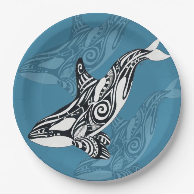 Orca Killer Whale Tlingit Indigo Blue ink Paper Plates (Front)