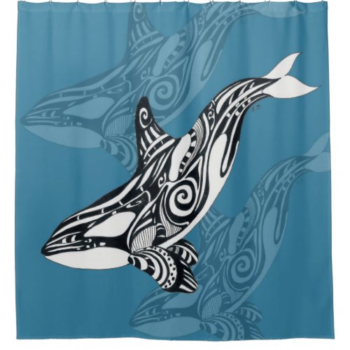 Orca Killer Whale Tlingit Indigo Blue ink Shower Curtain