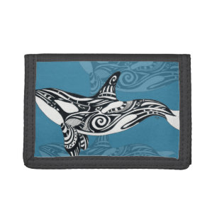 Orca Killer Whale Tlingit Indigo Blue ink Tri-fold Wallet