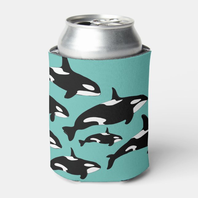 Orca Killer Whales Pattern Black and White on Blue Can Cooler (Can Front)