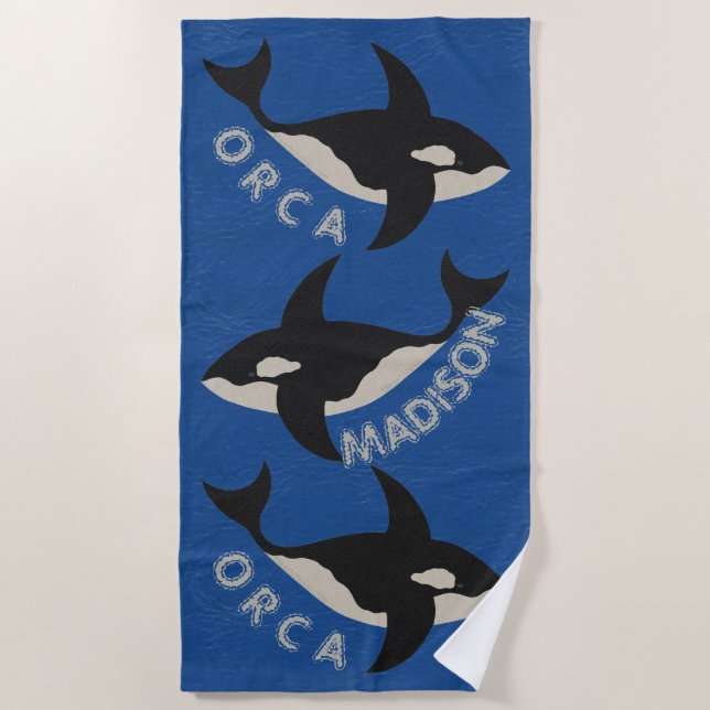 Orca Leather Look Bright Blue Personalize This Beach Towel (Front)