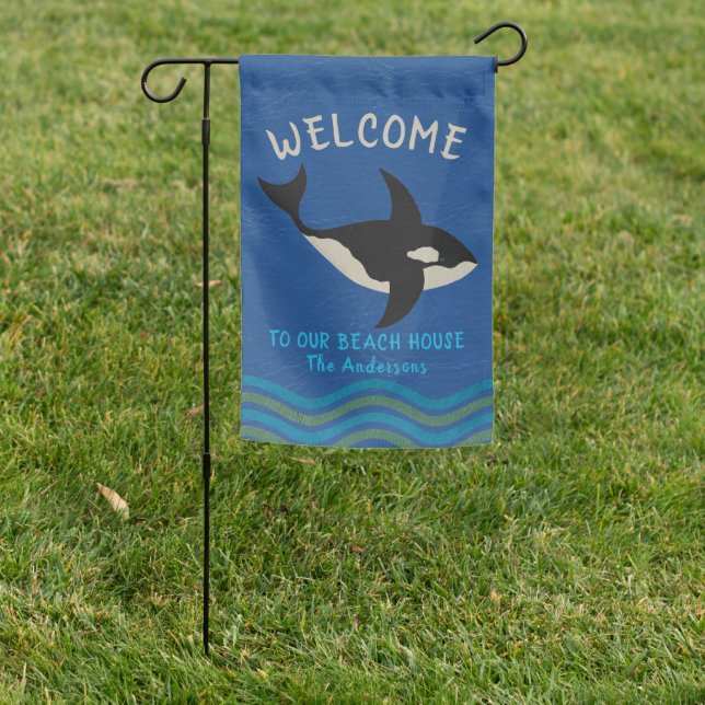 Orca Leather Look Double Sided Blue Welcome Garden Flag (In SItu)