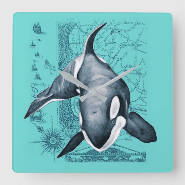 Orca Map Teal Square Wall Clock (Front)