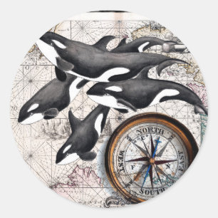 Orca Nautical Compass Classic Round Sticker