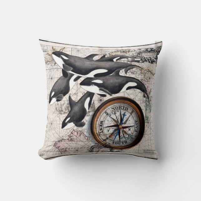 Orca Nautical Compass Throw Pillow (Front)