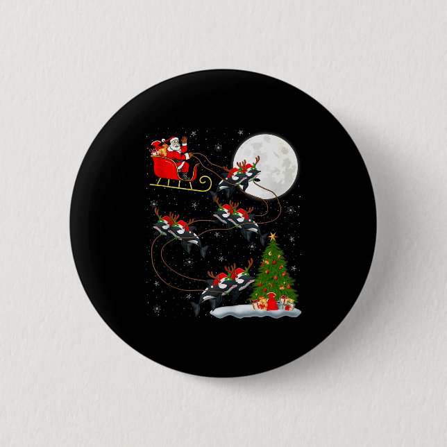 Orca Santa Sleigh Flying Funny Magical Christmas T Button (Front)