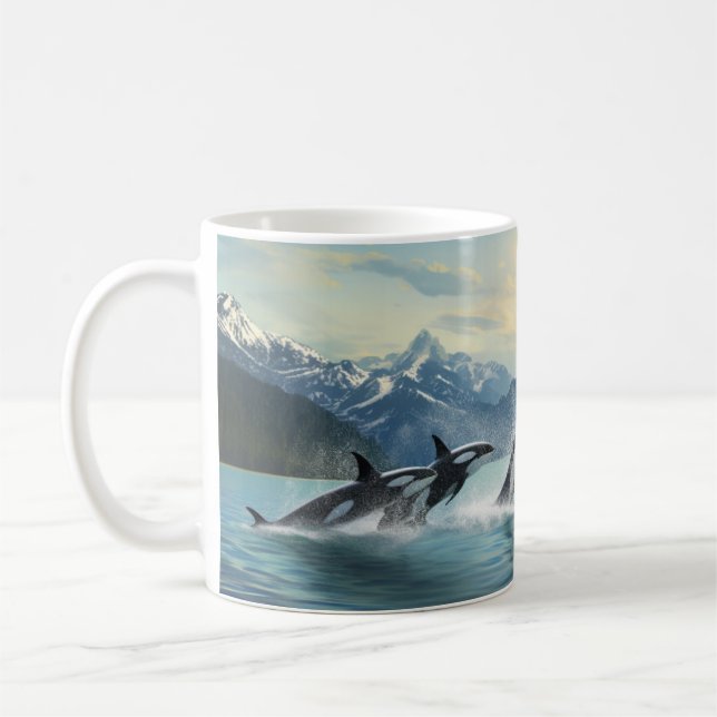 Orca Symphony Mug - Pacific Wilderness Scene (Left)