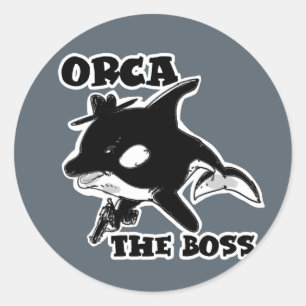 orca the boss cartoon style funny illustration classic round sticker