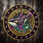 Orca Turtle Circular Rustic Wall Art Dart Board<br><div class="desc">Add character to your man cave or fishing lodge with this extraordinary dartboard-themed artwork. The centerpiece showcases a majestic orca with a body shimmering in purple, gold, and blue designs, paired with a stunningly detailed turtle. Encased in an ornate circular border of golden flourishes and glowing green gemstones, this piece...</div>