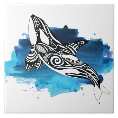Orca Whale Blue Watercolor Ceramic Tile