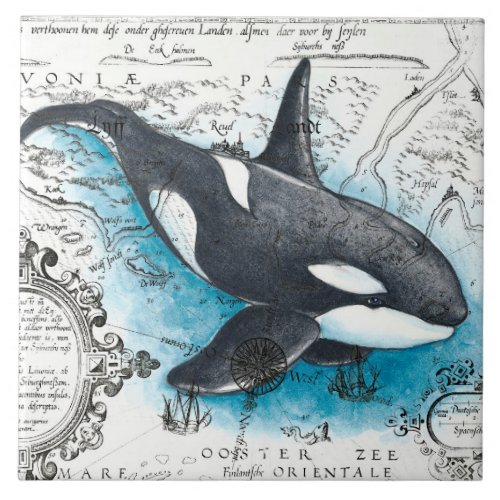 Orca Whale Blue Watercolor Nautical Map Ceramic Tile