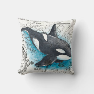 Orca Whale Blue Watercolor Nautical Map Throw Pillow