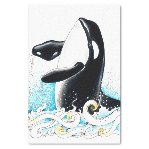 Orca whale breaching doodle ink tissue paper