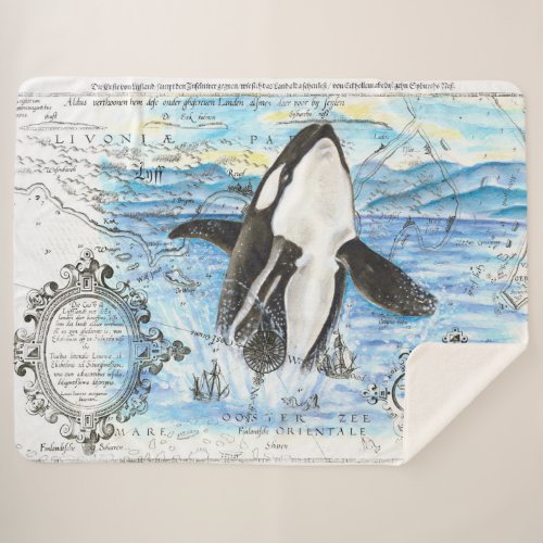 Orca Whale Breaching map Sherpa Blanket