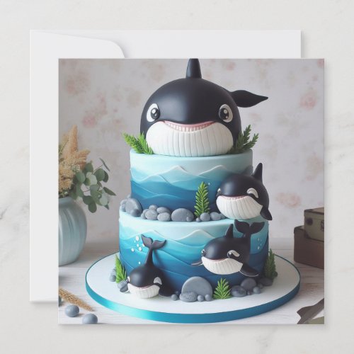  ORCA WHALE CAKE CUTE KIDS BIRTHDAY INVITATION