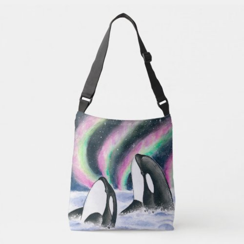 Orca Whale Galaxy Northern Lights Stars Watercolor Crossbody Bag