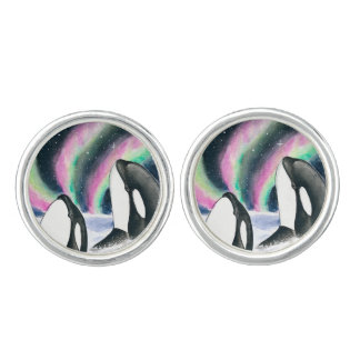 Orca Whale Galaxy Northern Lights Stars Watercolor Cufflinks