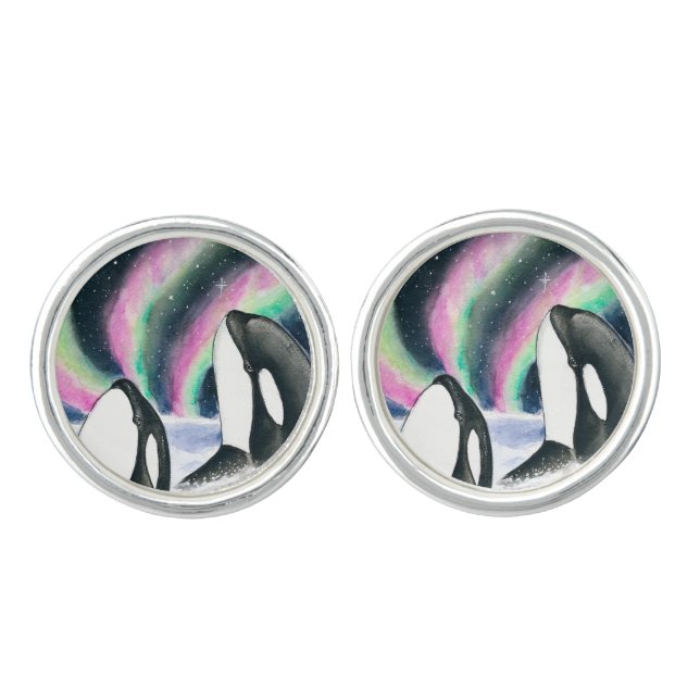 Orca Whale Galaxy Northern Lights Stars Watercolor Cufflinks (Front)