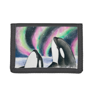 Orca Whale Galaxy Northern Lights Stars Watercolor Tri-fold Wallet