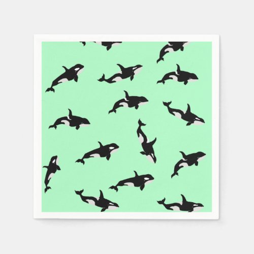 Orca Whale Illustration Pod Pattern Ocean Mint  Napkins