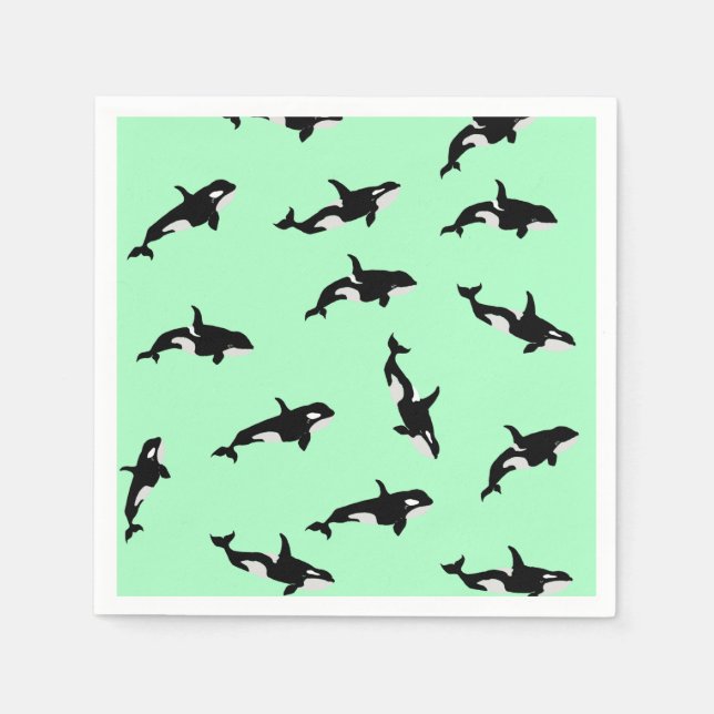 Orca Whale Illustration Pod Pattern Ocean Mint  Napkins (Front)