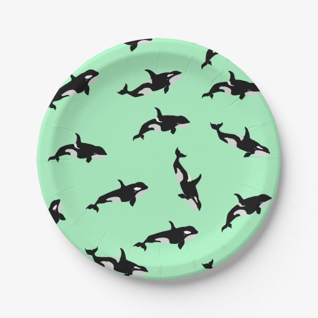 Orca Whale Illustration Pod Pattern Ocean Mint Paper Plates (Front)