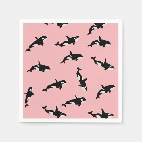 Orca Whale Illustration Pod Pattern Ocean Pink Napkins